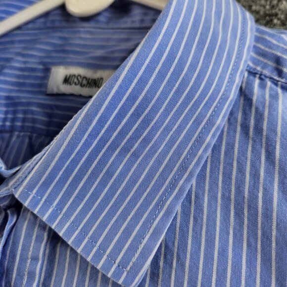 Love Moschino Button Up Shirt Long Sleeve Blue Striped Size 16.5 Designer Heart - Picture 9 of 16